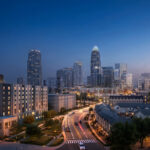 View of the Charlotte city skyline looking down 4th Street, with JWU’s Maple project in the left foreground, May 2026. Rendering by Little Diversified Architectural Consulting.