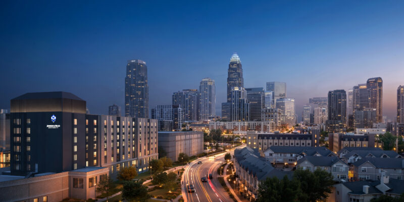 View of the Charlotte city skyline looking down 4th Street, with JWU’s Maple project in the left foreground, May 2026. Rendering by Little Diversified Architectural Consulting.